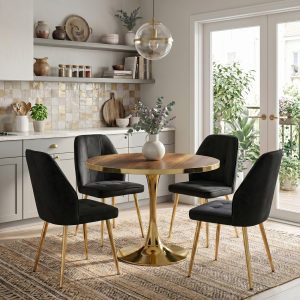 Set Masa Lyma Nuc Gold 80 cm cu 4 Scaune Elira Negru