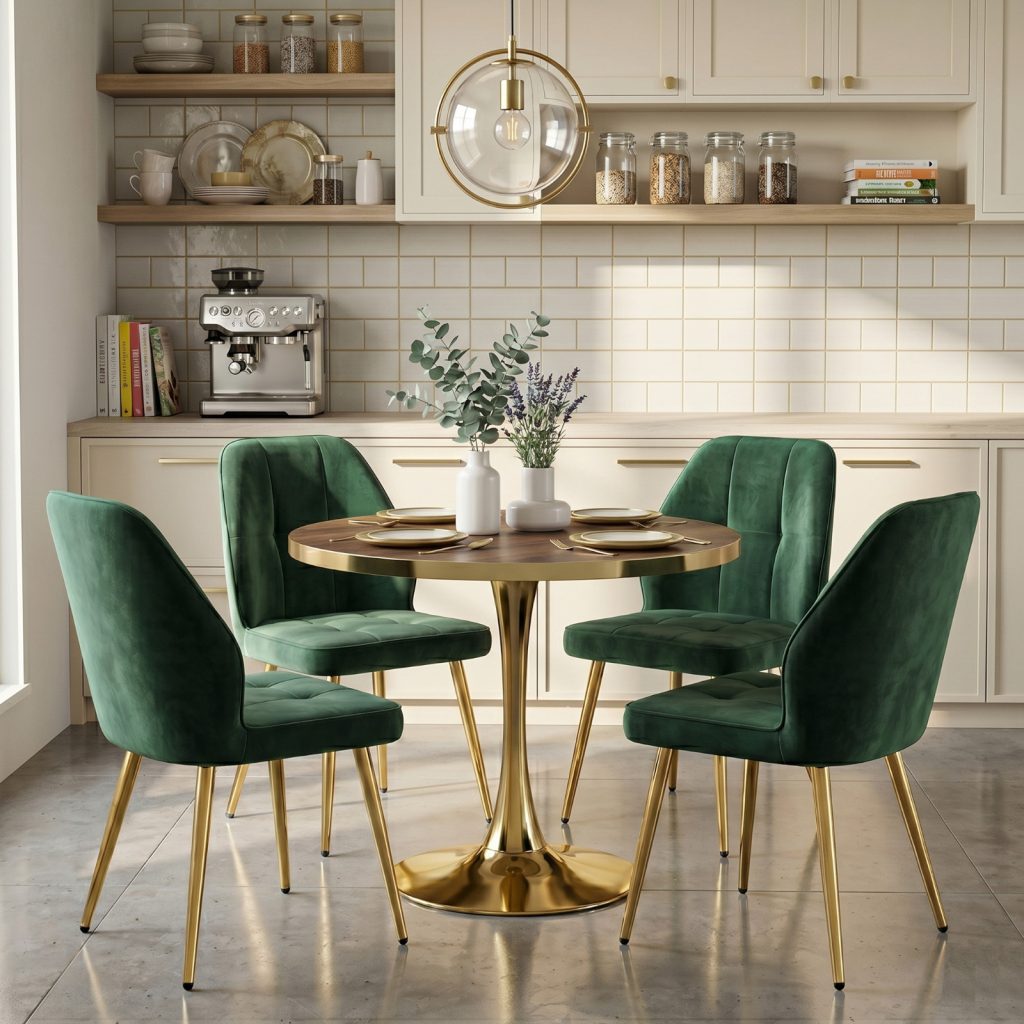 Set Masa Lyma Nuc Gold 80 cm cu 4 Scaune Elira Verde