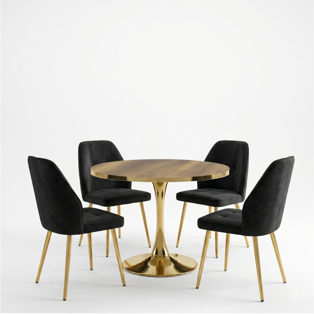 Set Masa Lyma Nuc Gold 90 cm cu 4 Scaune Elira Negru1
