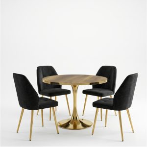 Set Masa Lyma Nuc Gold 90 cm cu 4 Scaune Elira Negru1