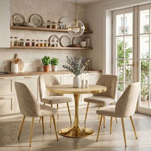 Set Masa Lyma Stejar Gold 80 cm cu 4 Scaune Elira Capucino