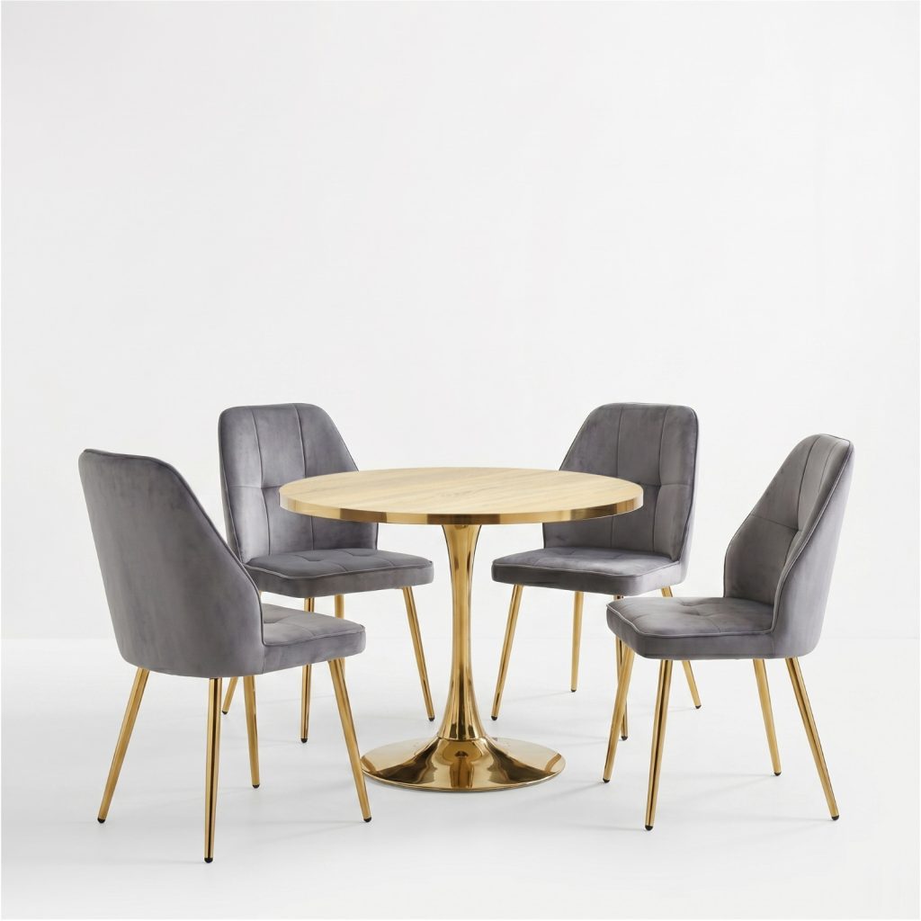 Set Masa Lyma Stejar Gold 90 cm cu 4 Scaune Elira Gri1