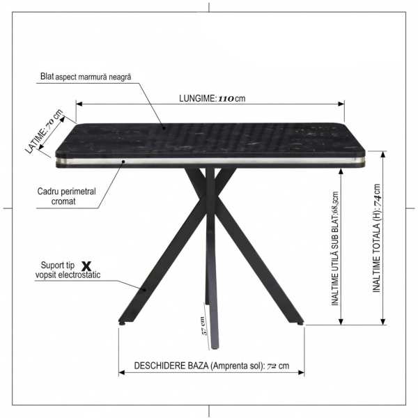 Masa fixa Dreptunghiulara Ada Negru Marmorat Dimensiuni 110×70 cm