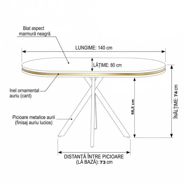 Masa fixa Ovala Alessia Negru Marmorat Dimensiuni 140×80 cm