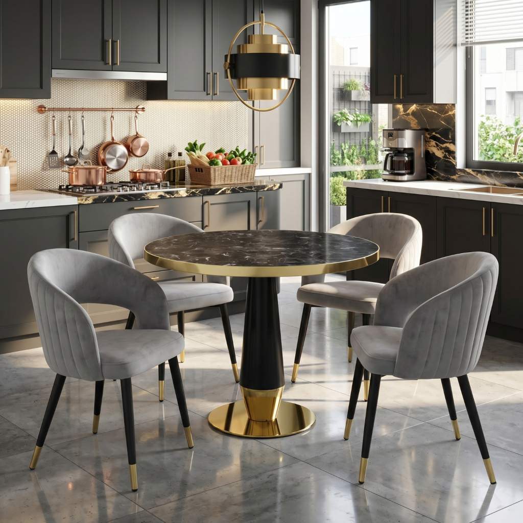 Set Masa Berlin Gold Negru cu 4 Scaune Monaco Gri