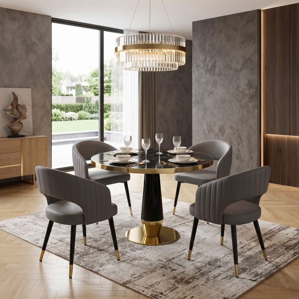 Set Masa Berlin Gold Negru cu 4 scaune Piele Ecologica Monaco Gri