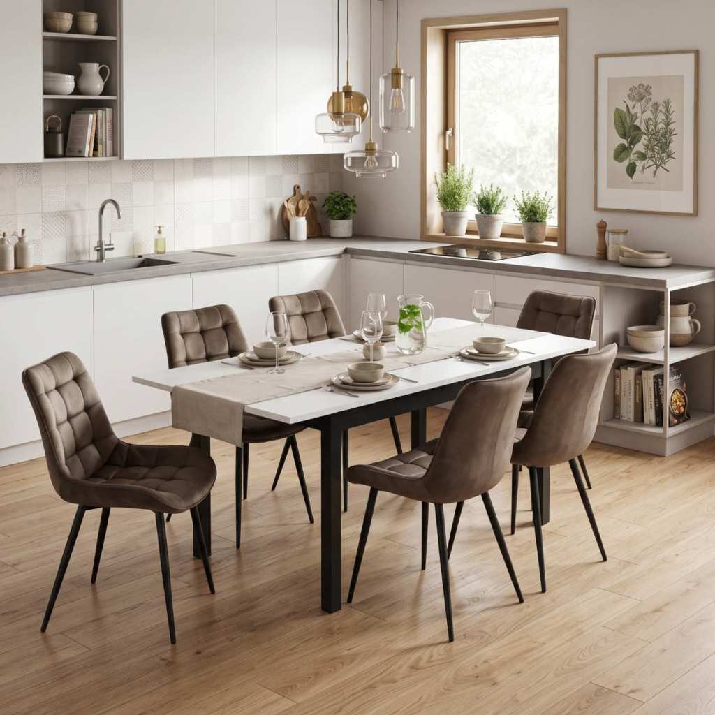 Masa extensibila Mara Alb 170x75 cm cu 6 scaune onix maro