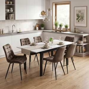 Masa extensibila Mara Alb 170x75 cm cu 6 scaune onix maro