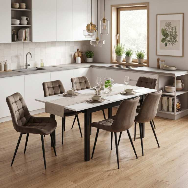 Masa extensibila Mara Alb 170x75 cm cu 6 scaune onix maro