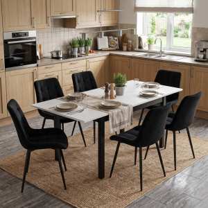 Masa extensibila Mara Alb 170x75 cm cu 6 scaune onix negru