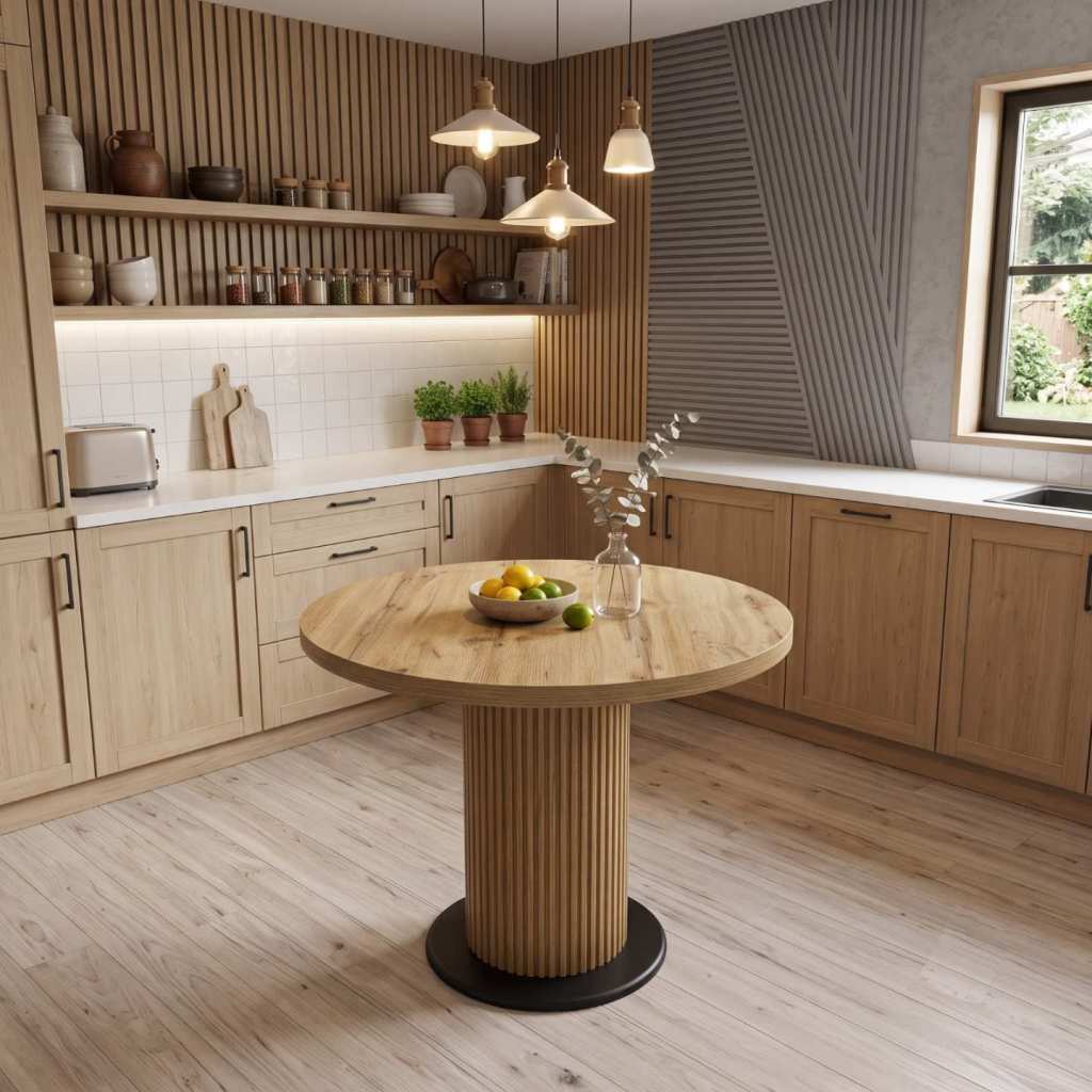 Masa fixa Rotunda Florys Nuc Deschis Picior Nuc cu Negru 90×75 cm