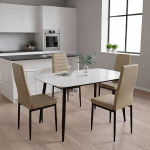 set masă cu 4 scaune bucătărie Atlas-Marble-Alba-cu-4-Oscar-Piele-Sintetica-Maro-deschis