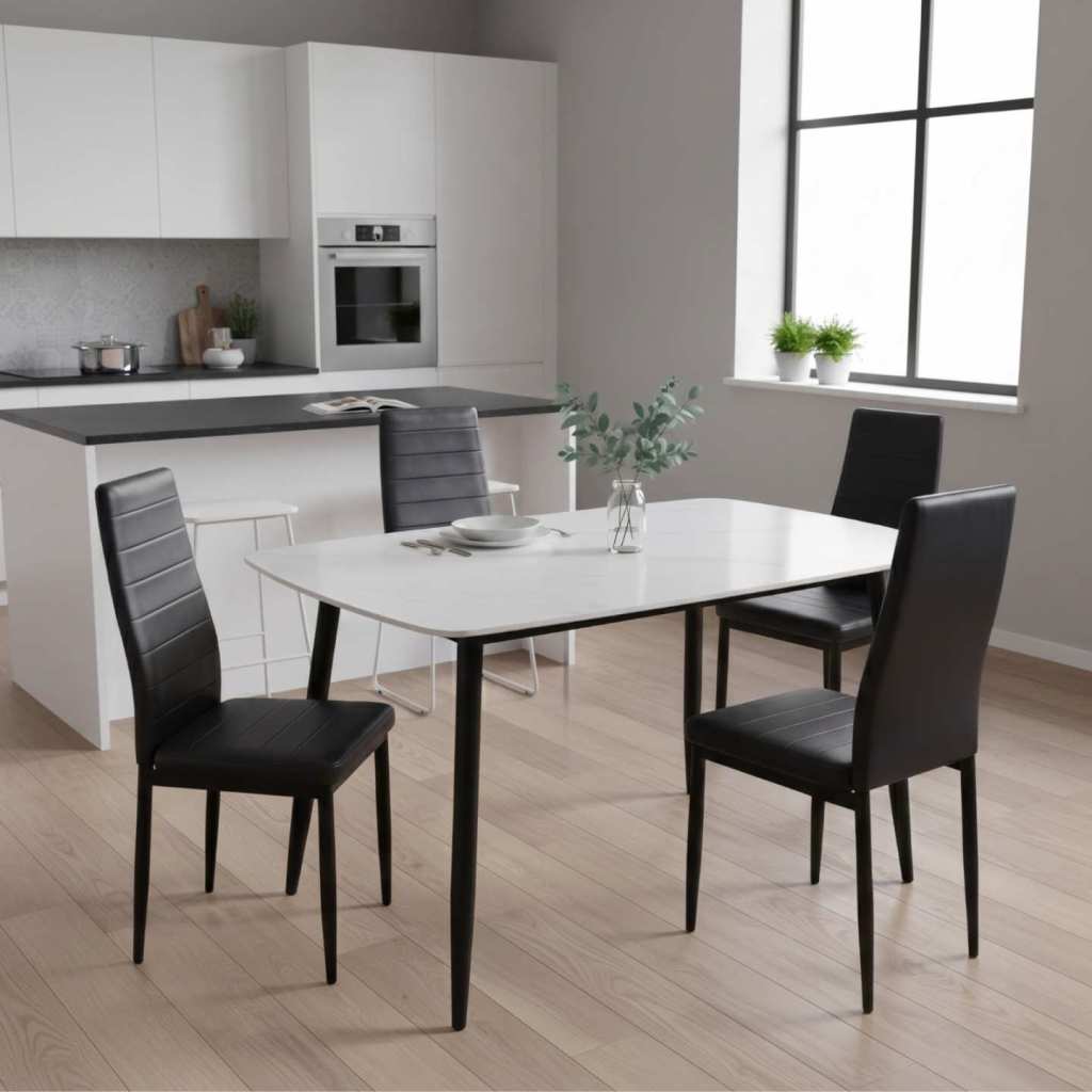 set masă cu 4 scaune bucătărie Atlas-Marble-Alba-cu-4-Oscar-Piele-Sintetica-Negru