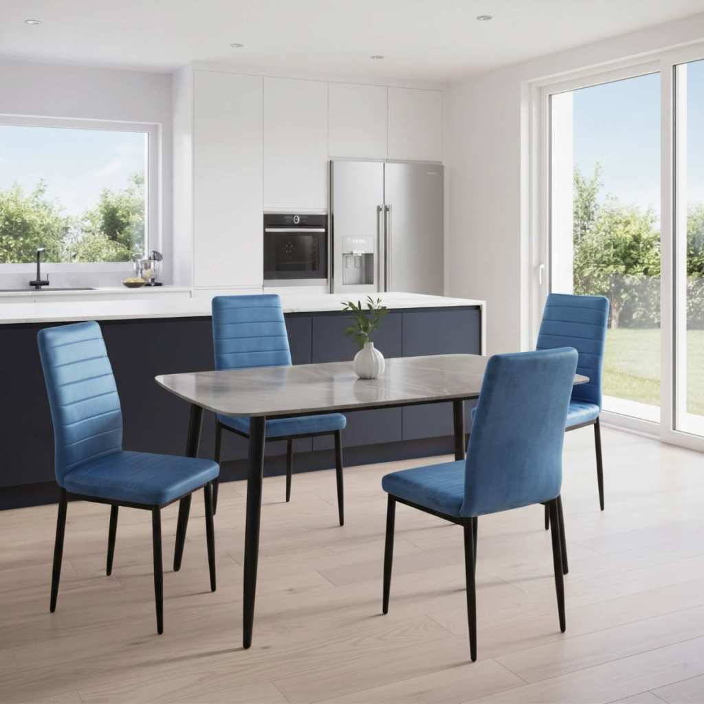 Masa-Atlas-Marble-Gri-cu-4-Scaune-Oscar-Bleu