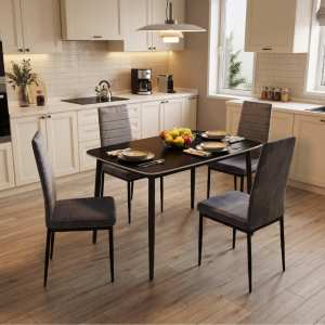 Masa-Atlas-Marble-negru-cu-4-Scaune-Oscar-Gri