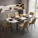 Masa extensibila Carla alb 170x75 cm cu 6 scaune onix bej