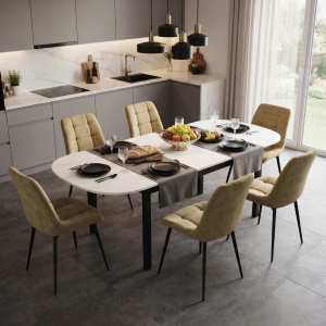 Masa extensibila Carla alb 170x75 cm cu 6 scaune onix bej