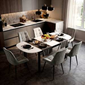 Masa extensibila Carla alb 170x75 cm cu 6 scaune onix gri