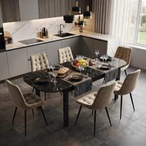 Masa extensibila Carla negru 170x75 cm cu 6 scaune onix bej