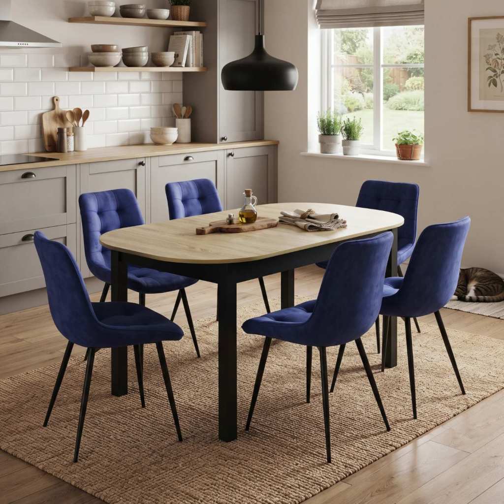 Masa extensibila Carla stejar 170x75 cm cu 6 scaune onix Albastru