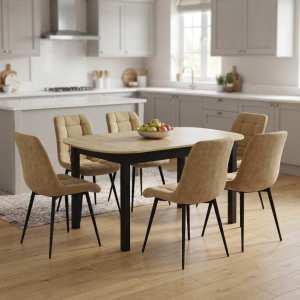 Masa extensibila Carla stejar 170x75 cm cu 6 scaune onix bej