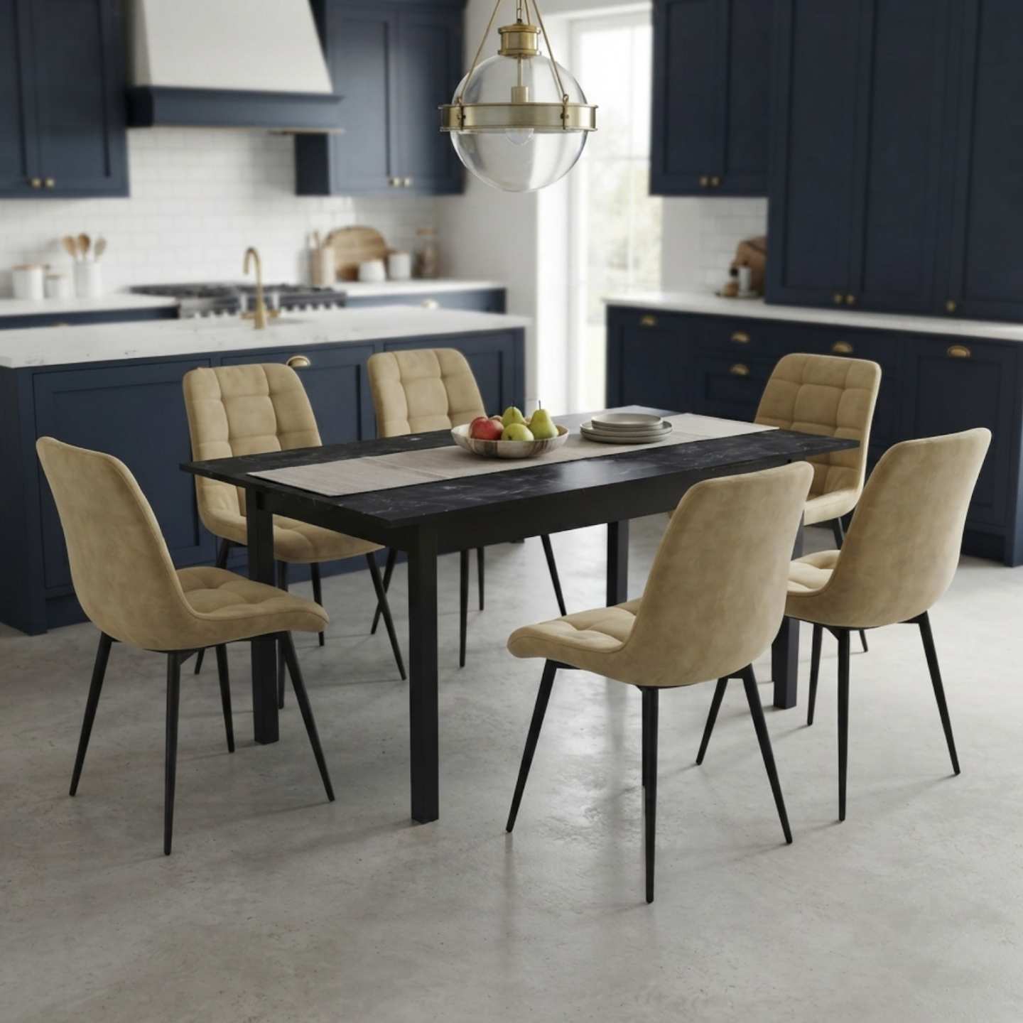 Masă extensibilă Mara negru 170x75 cm cu 6 scaune onix bej1 Masa-extensibila-Mara-negru-170x75-cm-cu-6-scaune-onix-bej1