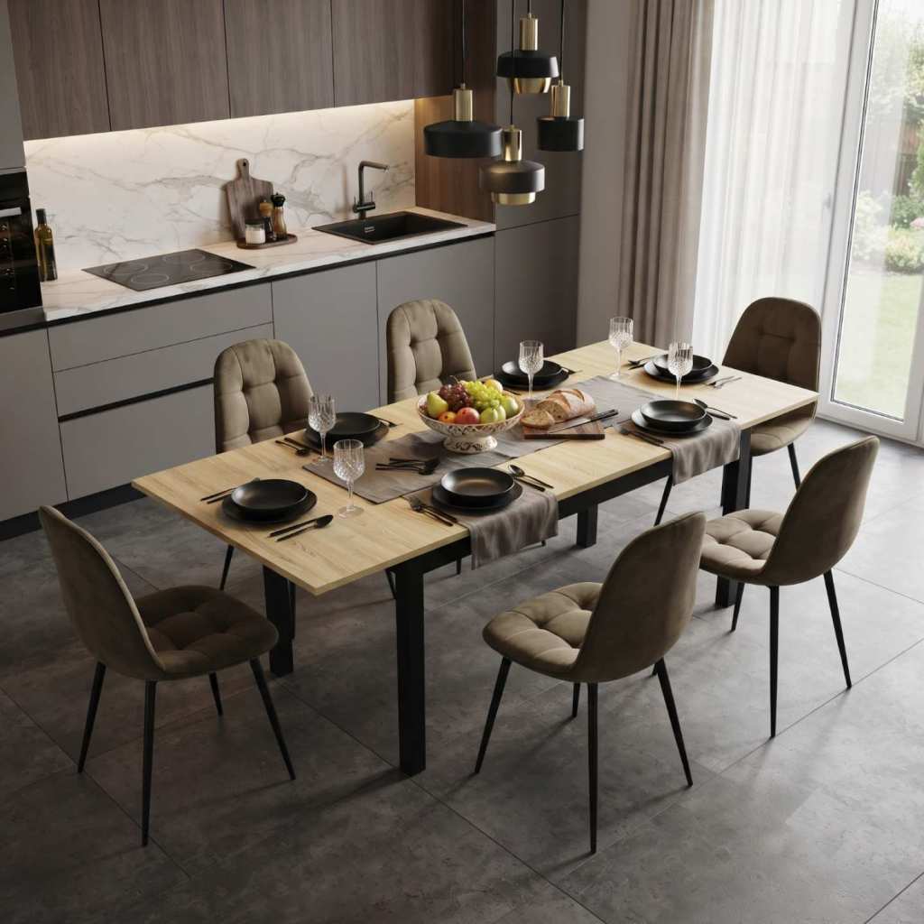 Masa-extensibila-Mara-stejar-cu-6-scaune-Gya-maro
