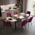 Masa extensibila carla alb 170x75 cm cu 6 scaune onix bordo