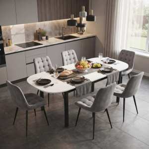 Masa extensibila carla alb 170x75 cm cu 6 scaune onix gri deschis