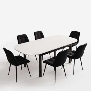 Masa extensibila carla alb 170x75 cm cu 6 scaune onix negru1