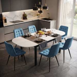 Masa extensibila carla alb 170x75 cm cu 6 scaune onix turcoaz deschis