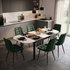 Masa extensibila carla alb 170x75 cm cu 6 scaune onix verde inchis