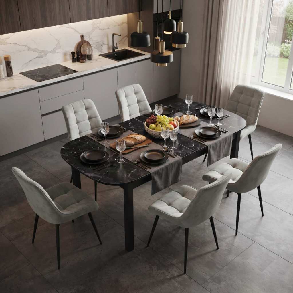 Masa extensibila carla negru 170x75 cm cu 6 scaune onix gri deschis