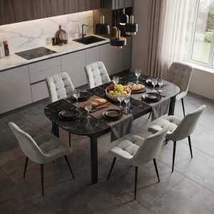 Masa extensibila carla negru 170x75 cm cu 6 scaune onix gri deschis