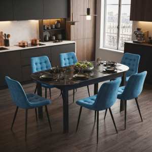 Masa extensibila carla negru 170x75 cm cu 6 scaune onix turcoaz deschis