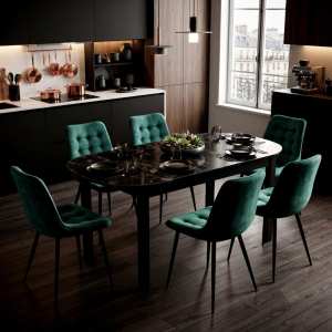 Masa extensibila carla negru 170x75 cm cu 6 scaune onix verde inchis