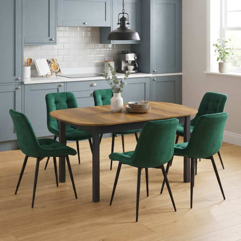 Masa extensibila carla nuc 170x75 cm cu 6 scaune onix Verde
