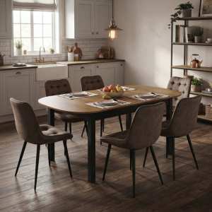 Masa extensibila carla nuc 170x75 cm cu 6 scaune onix maro