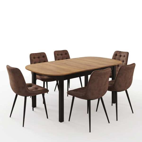 Masa extensibila carla nuc 170x75 cm cu 6 scaune onix maro1