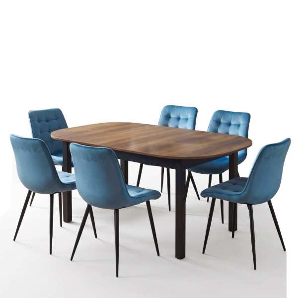 Masa extensibila carla nuc 170x75 cm cu 6 scaune onix turcoaz deschis1