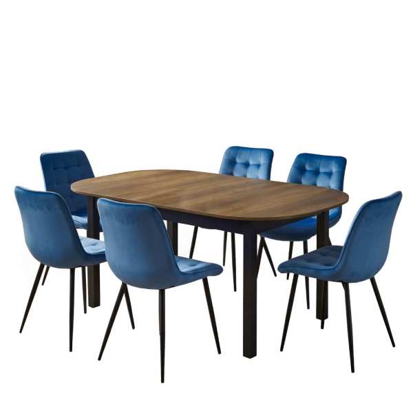 Masa extensibila carla nuc 170x75 cm cu 6 scaune onix turcoaz1