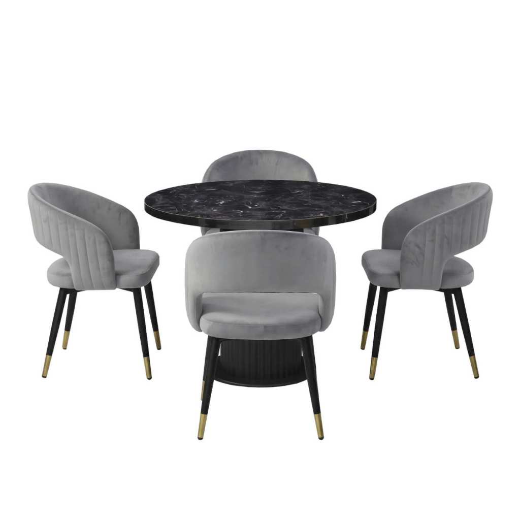 Set Masa Rotunda Florys Negru Marmorat cu 4 Scaune Monaco Gri 1