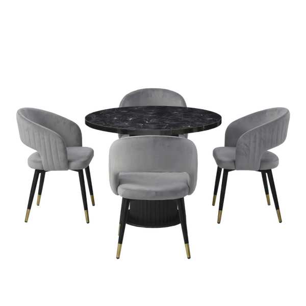 Set Masa Rotunda Florys Negru Marmorat cu 4 Scaune Monaco Gri 1