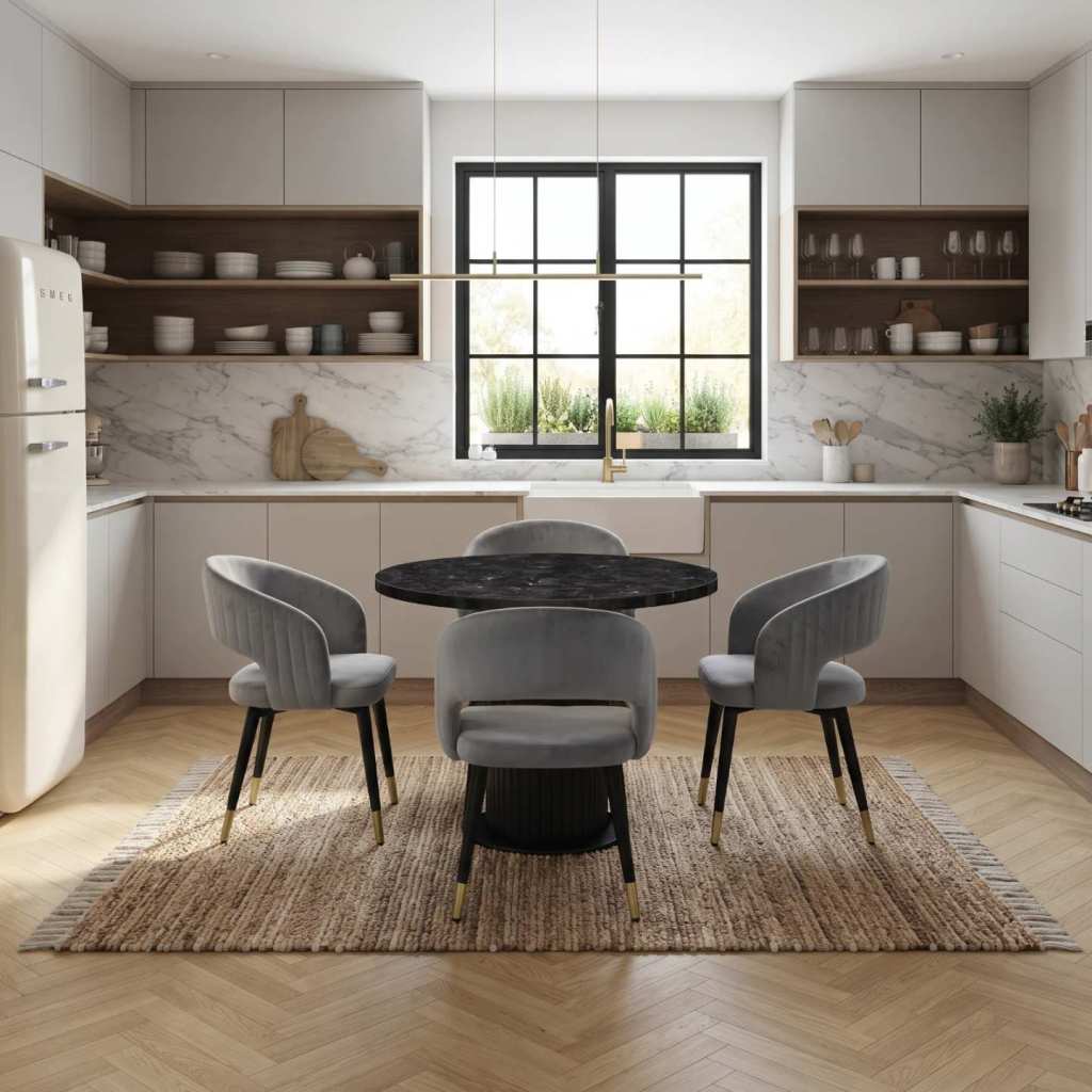 Set Masa Rotunda Florys Negru Marmorat cu 4 Scaune Monaco Gri Ambient