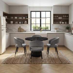 Set Masa Rotunda Florys Negru Marmorat cu 4 Scaune Monaco Gri Ambient