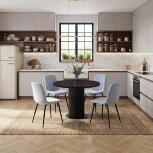 Set Masa Rotunda Lorys Negru Marmorat cu 4 Scaune Darien Bleu Ciel Ambient