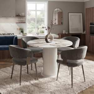 Set Masa Rotunda Lorys Slim Alb cu 4 Riga Gri Ambient