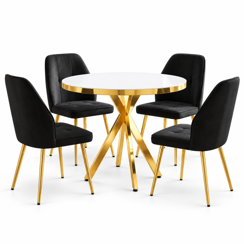 Set-masa-Tania-X-Alb-Gold-Rotunda-cu-4-Elira-Negru 2