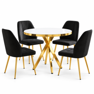 Set-masa-Tania-X-Alb-Gold-Rotunda-cu-4-Elira-Negru 2