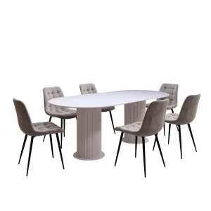 Set masa Amara Slim Alb cu 6 scaune Onix Gri Deschis